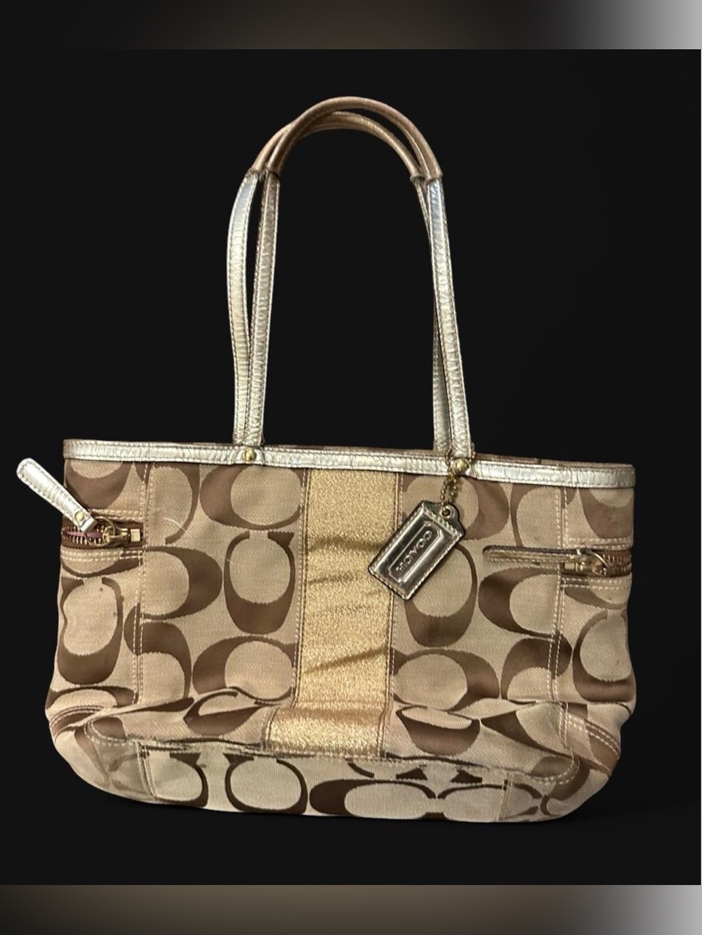 Coach Neutral Beige Signature Canvas Tote with Metallic Trim